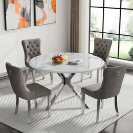 Round Dining Table Set, White Marble Dining Table & Velvet Dining Chairs with Stainless Steel Pedestal, 45" Dining Room Table and Chairs Set, Luxury Dining Table Set (Gray/Silver)