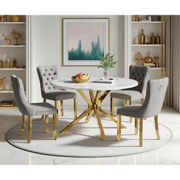 Round Dining Table Set, White Marble Dining Table & Velvet Dining Chairs with Stainless Steel Pedestal, 45" Dining Room Table and Chairs Set, Luxury Dining Table Set (Gray/Gold)