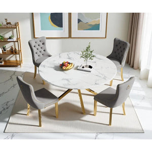 Round Dining Table Set, White Marble Dining Table & Velvet Dining Chairs with Stainless Steel Pedestal, 45" Dining Room Table and Chairs Set, Luxury Dining Table Set (Gray/Gold)