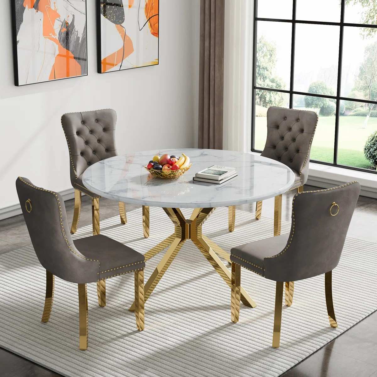 Round Dining Table Set, White Marble Dining Table & Velvet Dining Chairs with Stainless Steel Pedestal, 45" Dining Room Table and Chairs Set, Luxury Dining Table Set (Gray/Gold)