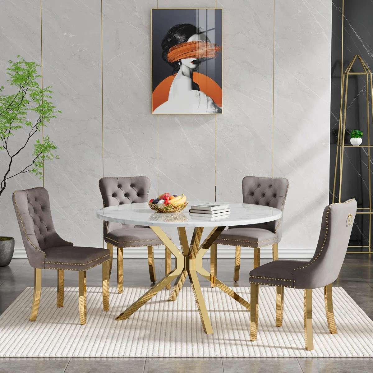 Round Dining Table Set, White Marble Dining Table & Velvet Dining Chairs with Stainless Steel Pedestal, 45" Dining Room Table and Chairs Set, Luxury Dining Table Set (Gray/Gold)