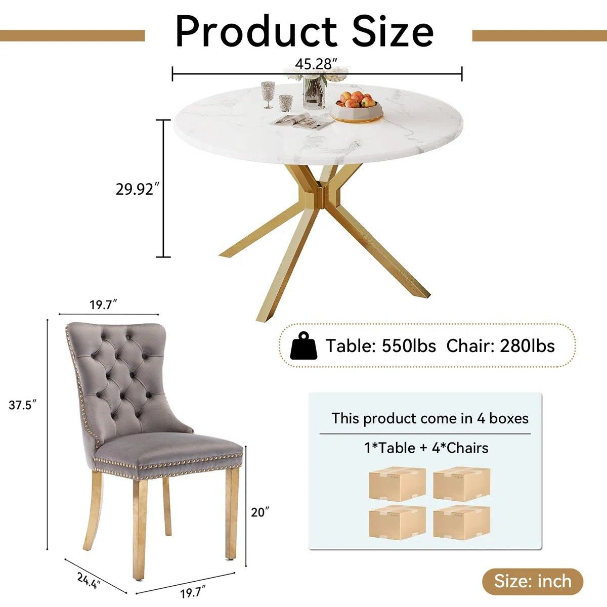 Round Dining Table Set, White Marble Dining Table & Velvet Dining Chairs with Stainless Steel Pedestal, 45" Dining Room Table and Chairs Set, Luxury Dining Table Set (Gray/Gold)