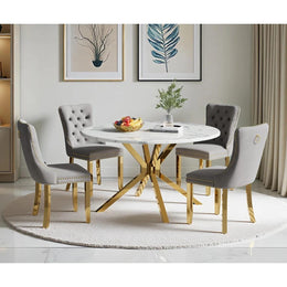 Round Dining Table Set, White Marble Dining Table & Velvet Dining Chairs with Stainless Steel Pedestal, 45" Dining Room Table and Chairs Set, Luxury Dining Table Set (Gray/Gold)