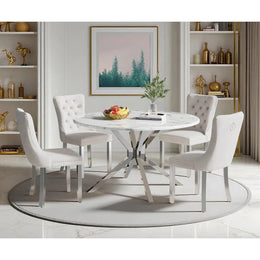 Round Dining Table Set, White Marble Dining Table & Velvet Dining Chairs with Stainless Steel Pedestal, 45" Dining Room Table and Chairs Set, Luxury Dining Table Set (Beige/Silver)