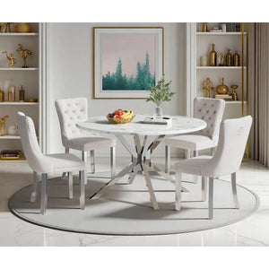 Round Dining Table Set, White Marble Dining Table & Velvet Dining Chairs with Stainless Steel Pedestal, 45" Dining Room Table and Chairs Set, Luxury Dining Table Set (Beige/Silver)