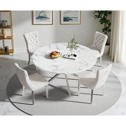 Round Dining Table Set, White Marble Dining Table & Velvet Dining Chairs with Stainless Steel Pedestal, 45" Dining Room Table and Chairs Set, Luxury Dining Table Set (Beige/Silver)