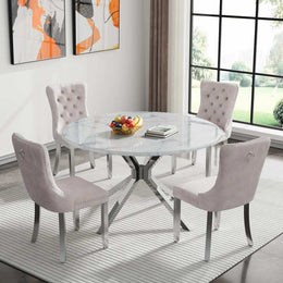 Round Dining Table Set, White Marble Dining Table & Velvet Dining Chairs with Stainless Steel Pedestal, 45" Dining Room Table and Chairs Set, Luxury Dining Table Set (Beige/Silver)