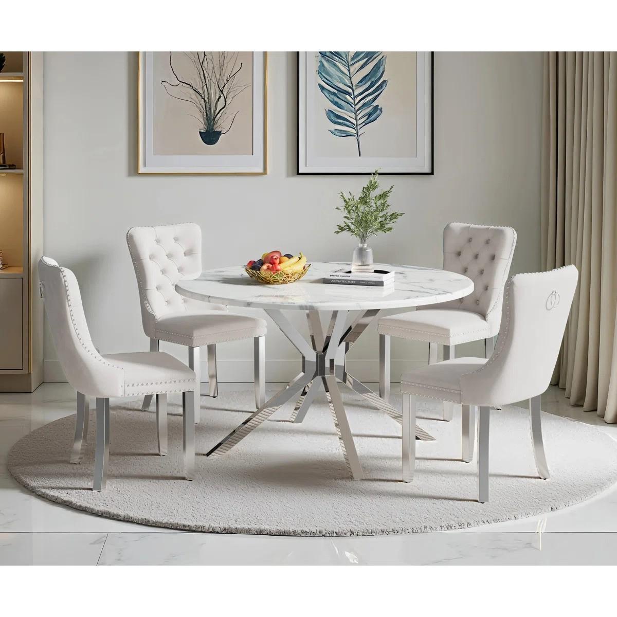 Round Dining Table Set, White Marble Dining Table & Velvet Dining Chairs with Stainless Steel Pedestal, 45" Dining Room Table and Chairs Set, Luxury Dining Table Set (Beige/Silver)