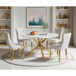 Round Dining Table Set, White Marble Dining Table & Velvet Dining Chairs with Stainless Steel Pedestal, 45" Dining Room Table and Chairs Set, Luxury Dining Table Set (Beige/Gold)