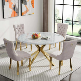 Round Dining Table Set, White Marble Dining Table & Velvet Dining Chairs with Stainless Steel Pedestal, 45" Dining Room Table and Chairs Set, Luxury Dining Table Set (Beige/Gold)