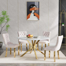 Round Dining Table Set, White Marble Dining Table & Velvet Dining Chairs with Stainless Steel Pedestal, 45" Dining Room Table and Chairs Set, Luxury Dining Table Set (Beige/Gold)
