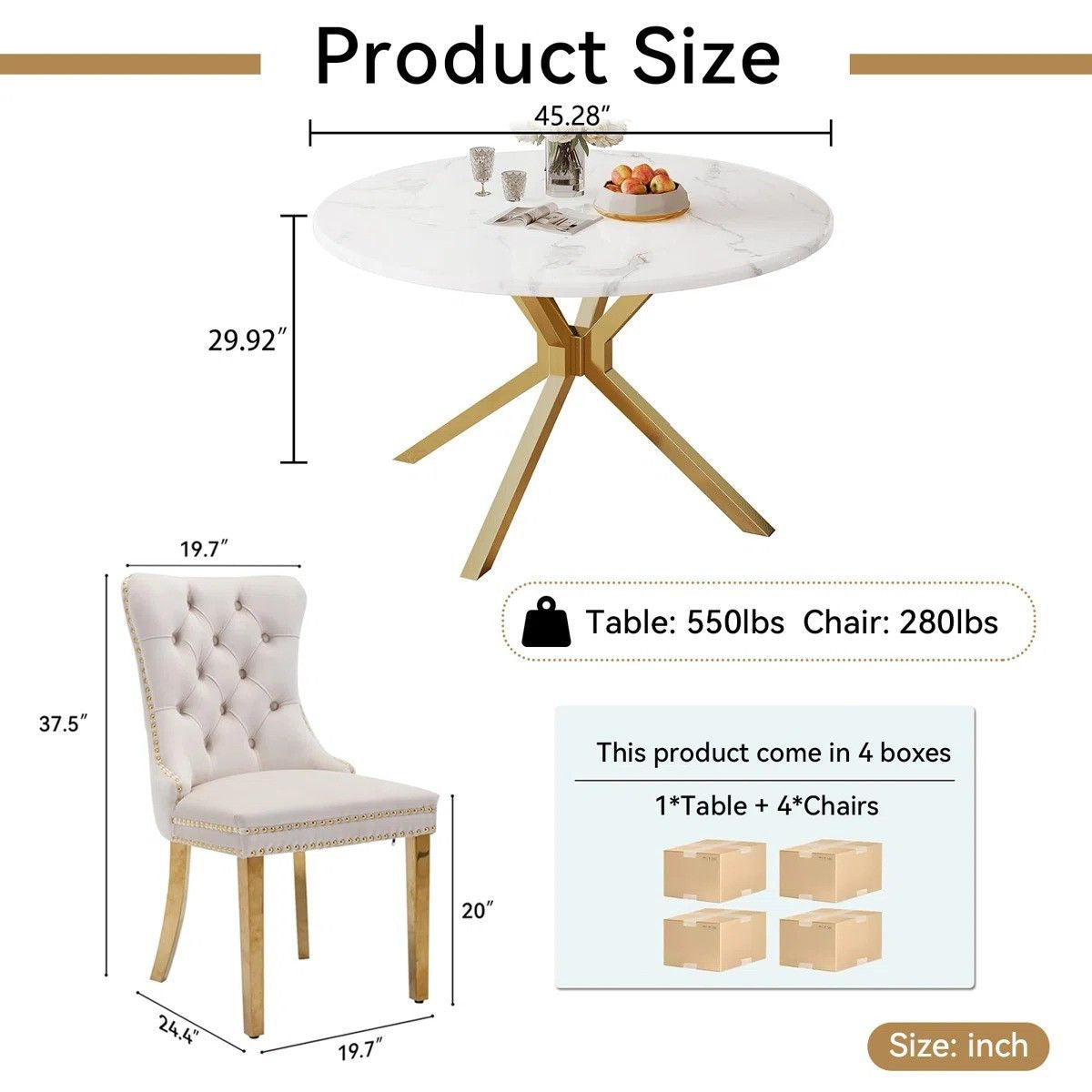 Round Dining Table Set, White Marble Dining Table & Velvet Dining Chairs with Stainless Steel Pedestal, 45" Dining Room Table and Chairs Set, Luxury Dining Table Set (Beige/Gold)
