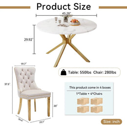 Round Dining Table Set, White Marble Dining Table & Velvet Dining Chairs with Stainless Steel Pedestal, 45" Dining Room Table and Chairs Set, Luxury Dining Table Set (Beige/Gold)