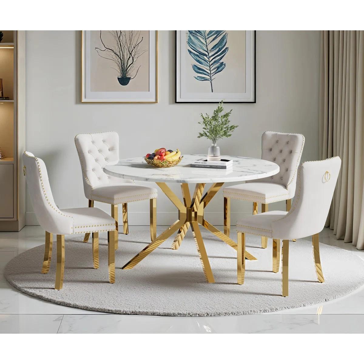 Round Dining Table Set, White Marble Dining Table & Velvet Dining Chairs with Stainless Steel Pedestal, 45" Dining Room Table and Chairs Set, Luxury Dining Table Set (Beige/Gold)