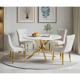 Round Dining Table Set, White Marble Dining Table & Velvet Dining Chairs with Stainless Steel Pedestal, 45" Dining Room Table and Chairs Set, Luxury Dining Table Set (Beige/Gold)