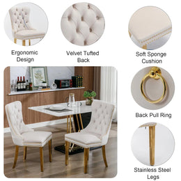 Round Dining Table Set, White Marble Dining Table & Velvet Dining Chairs with Stainless Steel Pedestal, 45" Dining Room Table and Chairs Set, Luxury Dining Table Set (Beige/Gold)