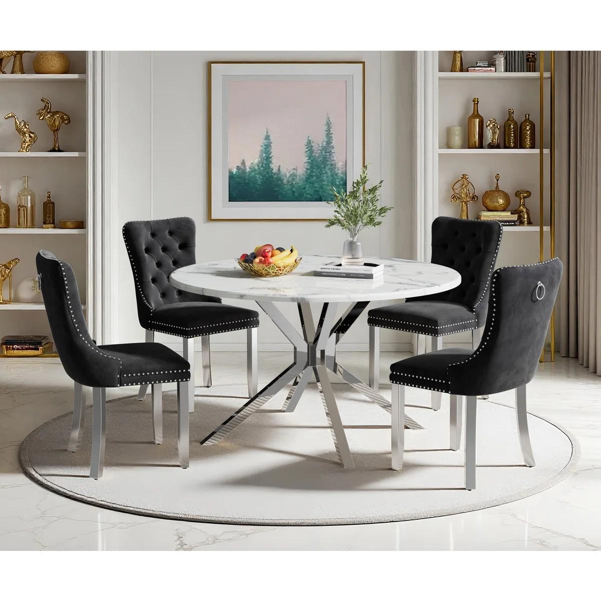 Round Dining Table Set, White Marble Dining Table & Velvet Dining Chairs with Stainless Steel Pedestal, 45" Dining Room Table and Chairs Set, Luxury Dining Table Set (Black/Silver)