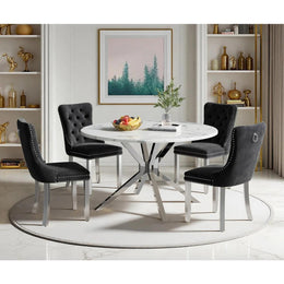 Round Dining Table Set, White Marble Dining Table & Velvet Dining Chairs with Stainless Steel Pedestal, 45" Dining Room Table and Chairs Set, Luxury Dining Table Set (Black/Silver)