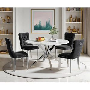 Round Dining Table Set, White Marble Dining Table & Velvet Dining Chairs with Stainless Steel Pedestal, 45" Dining Room Table and Chairs Set, Luxury Dining Table Set (Black/Silver)