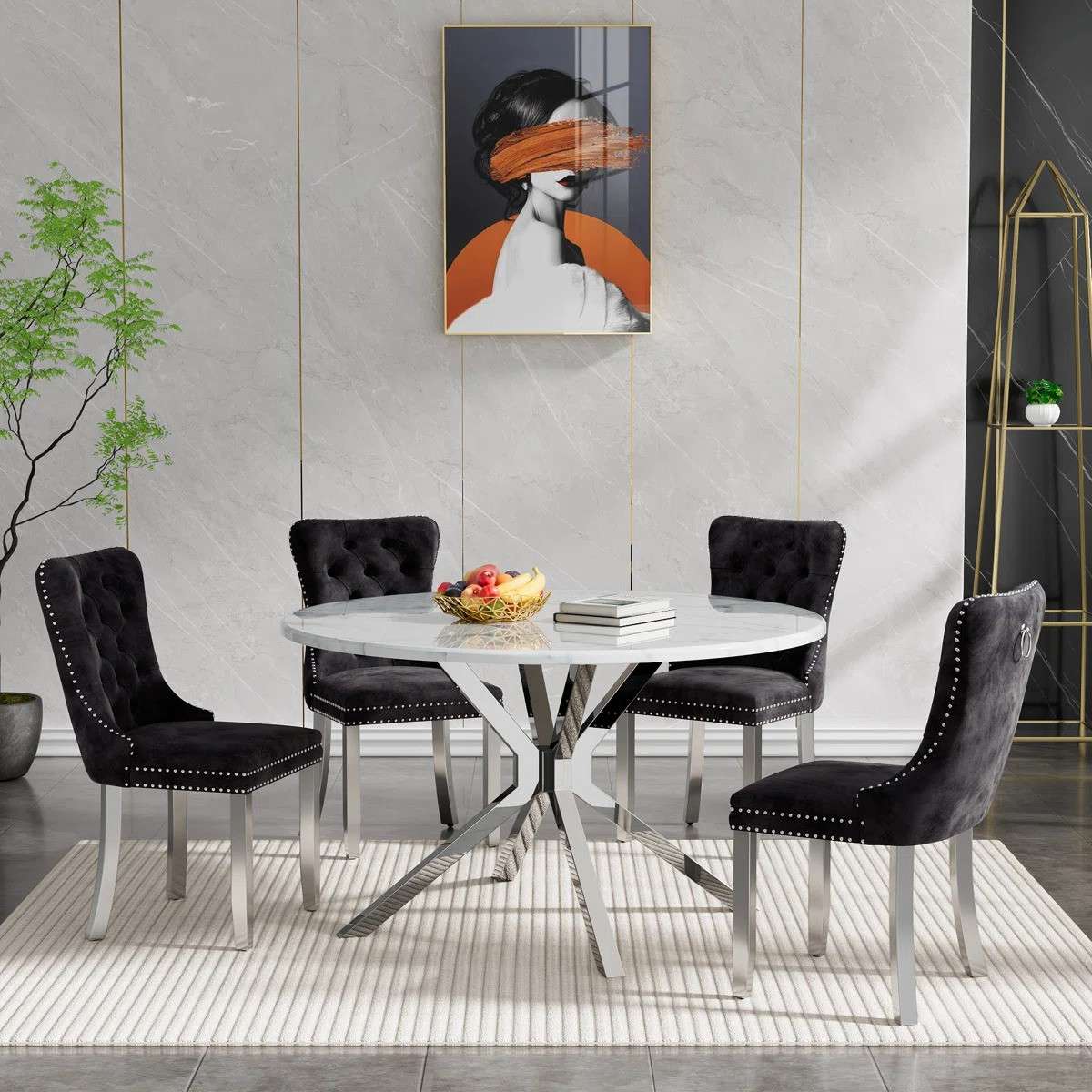Round Dining Table Set, White Marble Dining Table & Velvet Dining Chairs with Stainless Steel Pedestal, 45" Dining Room Table and Chairs Set, Luxury Dining Table Set (Black/Silver)
