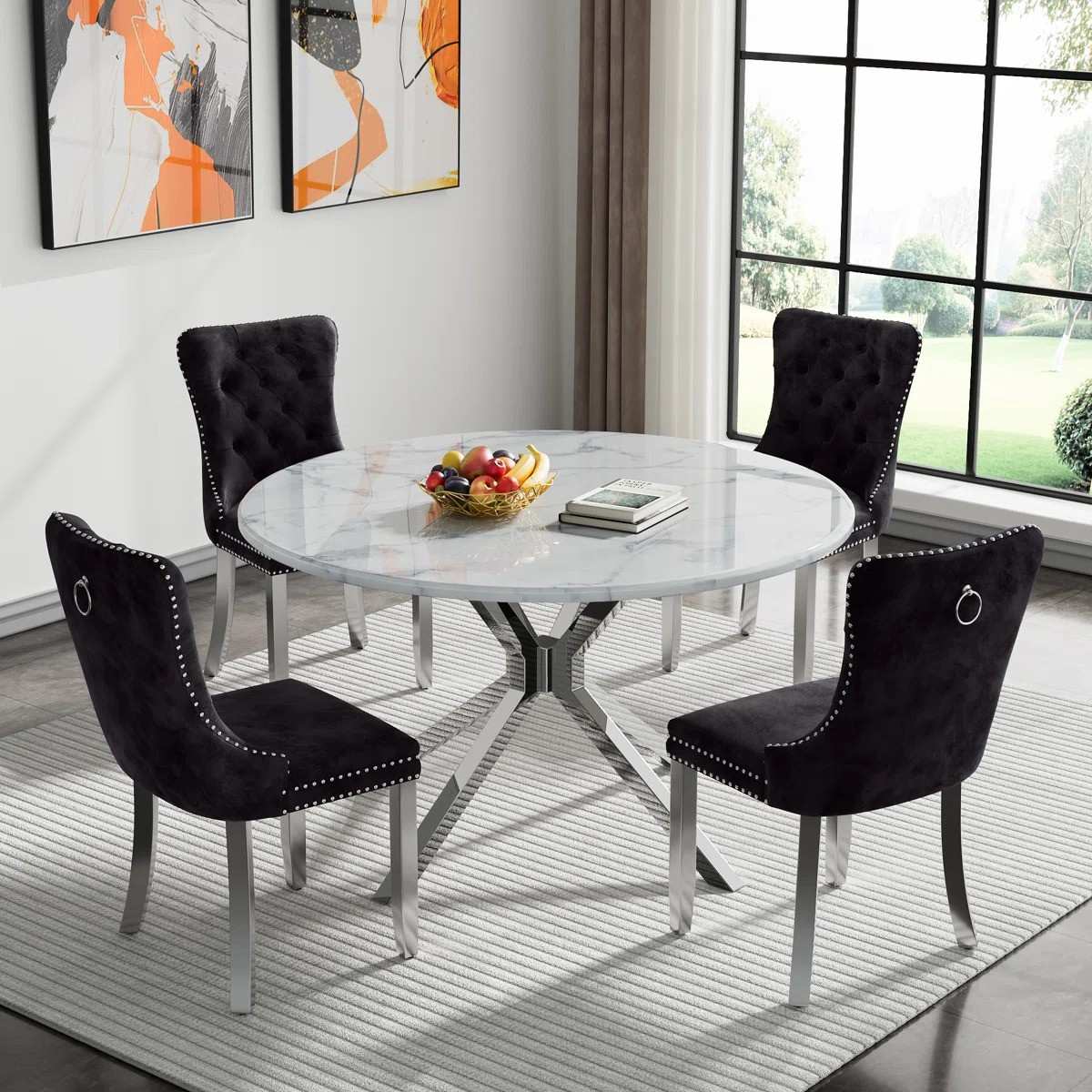 Round Dining Table Set, White Marble Dining Table & Velvet Dining Chairs with Stainless Steel Pedestal, 45" Dining Room Table and Chairs Set, Luxury Dining Table Set (Black/Silver)