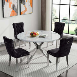 Round Dining Table Set, White Marble Dining Table & Velvet Dining Chairs with Stainless Steel Pedestal, 45" Dining Room Table and Chairs Set, Luxury Dining Table Set (Black/Silver)