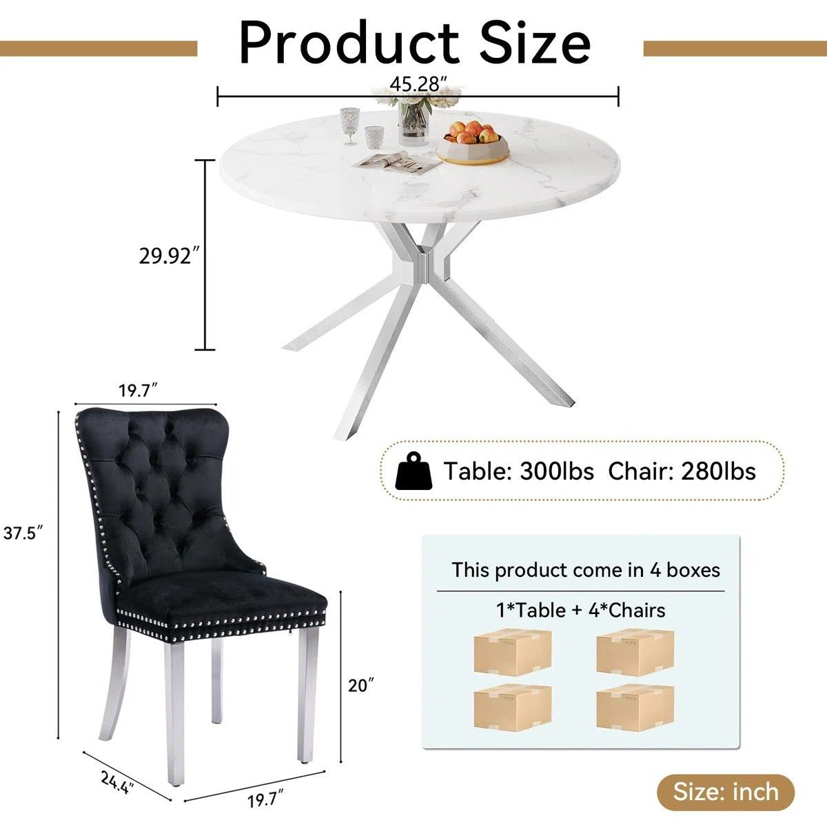 Round Dining Table Set, White Marble Dining Table & Velvet Dining Chairs with Stainless Steel Pedestal, 45" Dining Room Table and Chairs Set, Luxury Dining Table Set (Black/Silver)