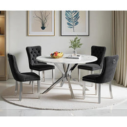 Round Dining Table Set, White Marble Dining Table & Velvet Dining Chairs with Stainless Steel Pedestal, 45" Dining Room Table and Chairs Set, Luxury Dining Table Set (Black/Silver)