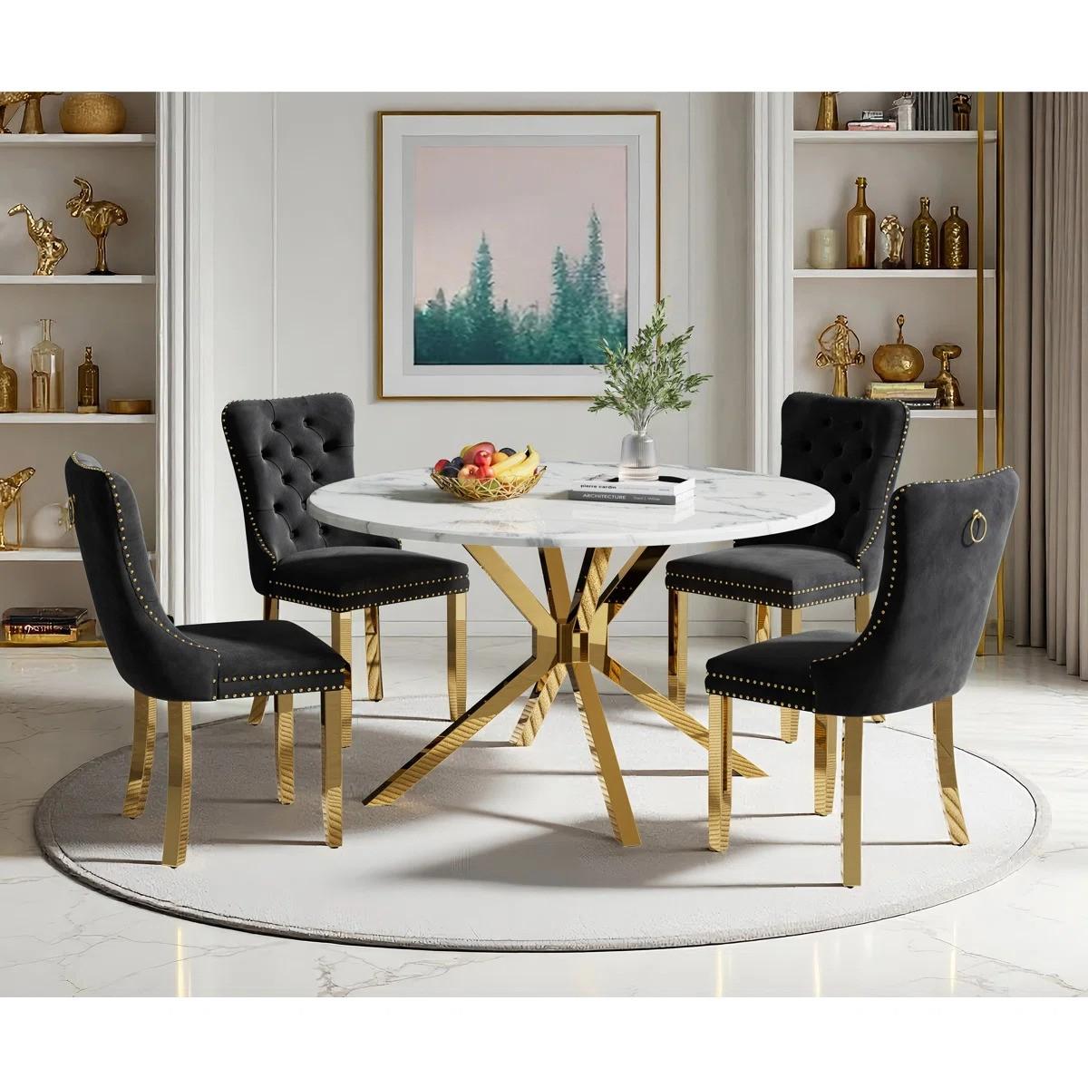 Round Dining Table Set, White Marble Dining Table & Velvet Dining Chairs with Stainless Steel Pedestal, 45" Dining Room Table and Chairs Set, Luxury Dining Table Set (Black/Gold)