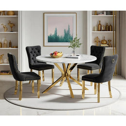 Round Dining Table Set, White Marble Dining Table & Velvet Dining Chairs with Stainless Steel Pedestal, 45" Dining Room Table and Chairs Set, Luxury Dining Table Set (Black/Gold)