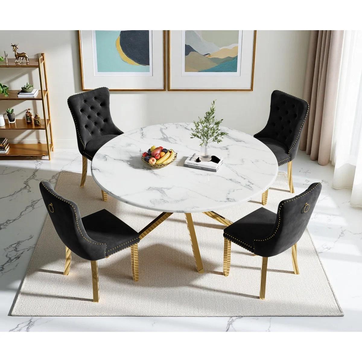 Round Dining Table Set, White Marble Dining Table & Velvet Dining Chairs with Stainless Steel Pedestal, 45" Dining Room Table and Chairs Set, Luxury Dining Table Set (Black/Gold)