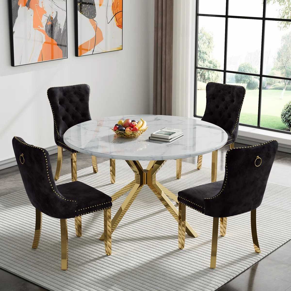 Round Dining Table Set, White Marble Dining Table & Velvet Dining Chairs with Stainless Steel Pedestal, 45" Dining Room Table and Chairs Set, Luxury Dining Table Set (Black/Gold)