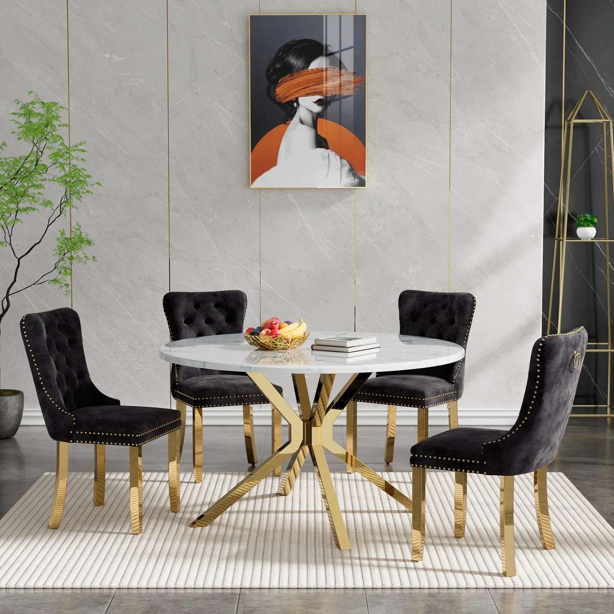 Round Dining Table Set, White Marble Dining Table & Velvet Dining Chairs with Stainless Steel Pedestal, 45" Dining Room Table and Chairs Set, Luxury Dining Table Set (Black/Gold)
