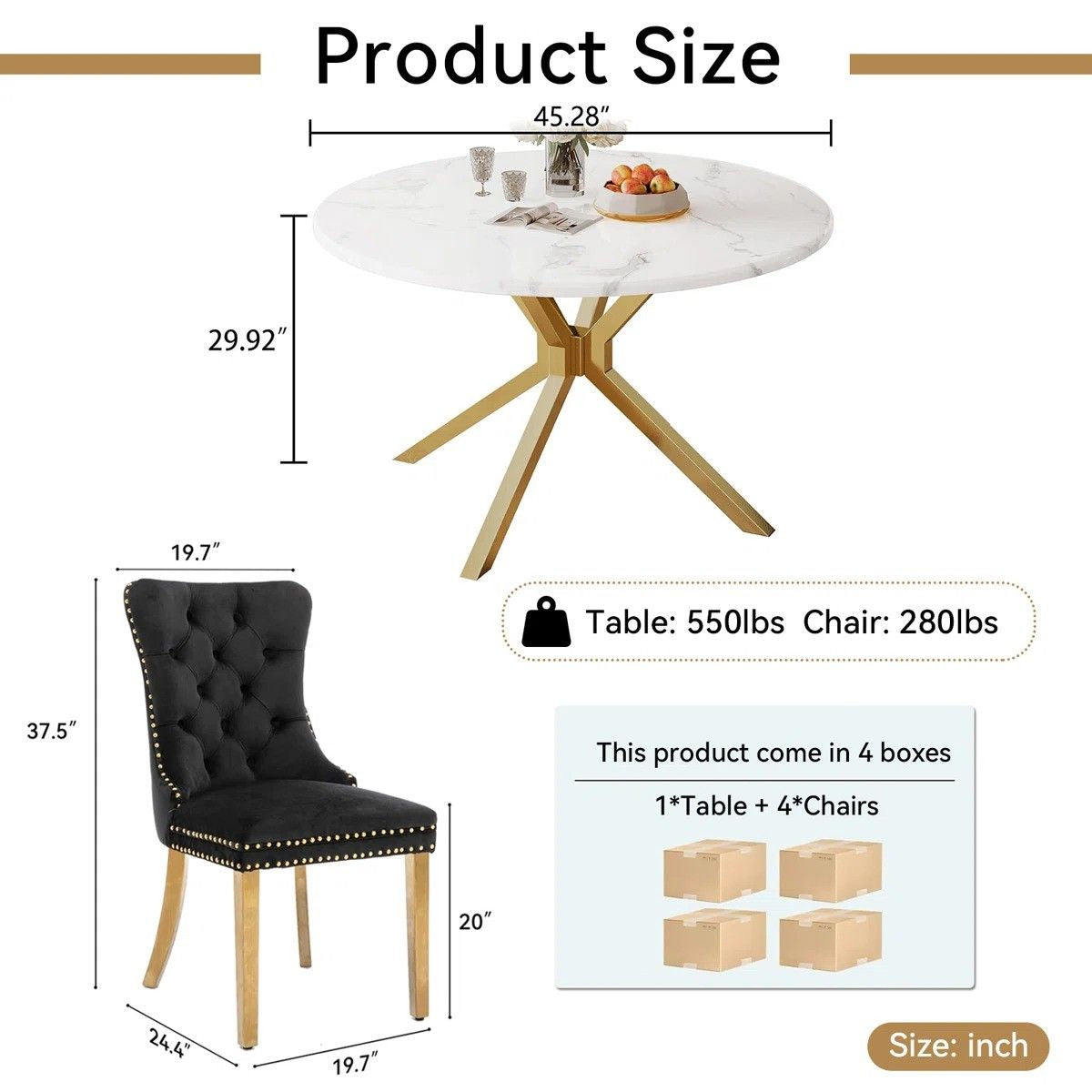 Round Dining Table Set, White Marble Dining Table & Velvet Dining Chairs with Stainless Steel Pedestal, 45" Dining Room Table and Chairs Set, Luxury Dining Table Set (Black/Gold)