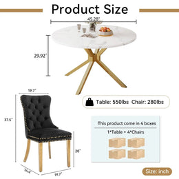 Round Dining Table Set, White Marble Dining Table & Velvet Dining Chairs with Stainless Steel Pedestal, 45" Dining Room Table and Chairs Set, Luxury Dining Table Set (Black/Gold)