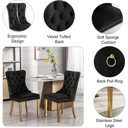 Round Dining Table Set, White Marble Dining Table & Velvet Dining Chairs with Stainless Steel Pedestal, 45" Dining Room Table and Chairs Set, Luxury Dining Table Set (Black/Gold)