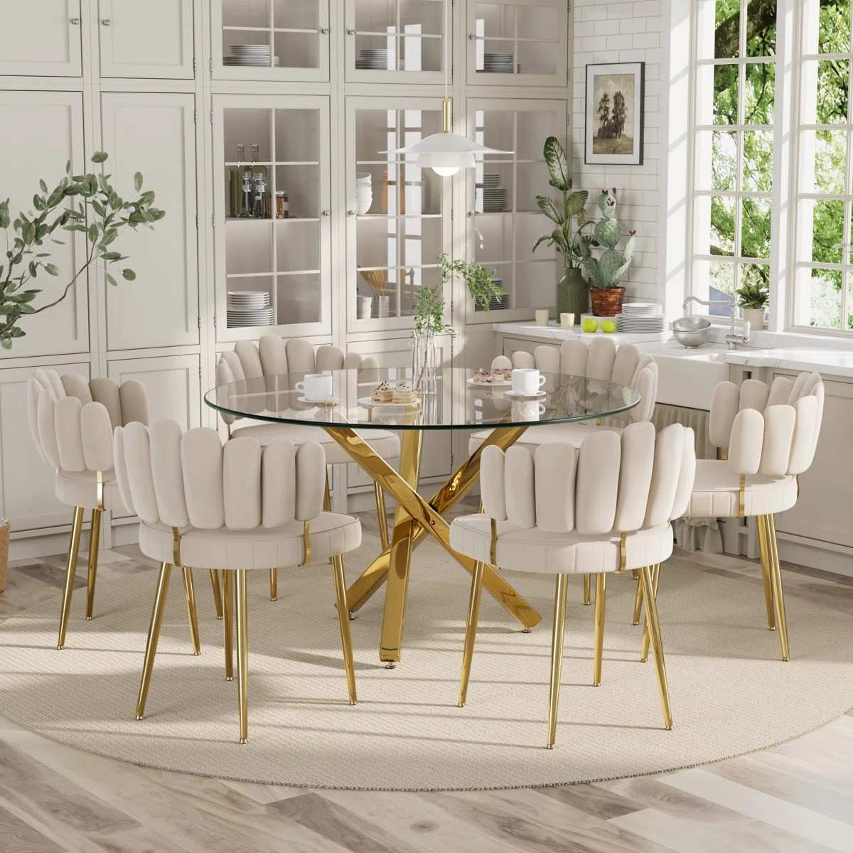 Round Glass Dining Set for 6 (White)