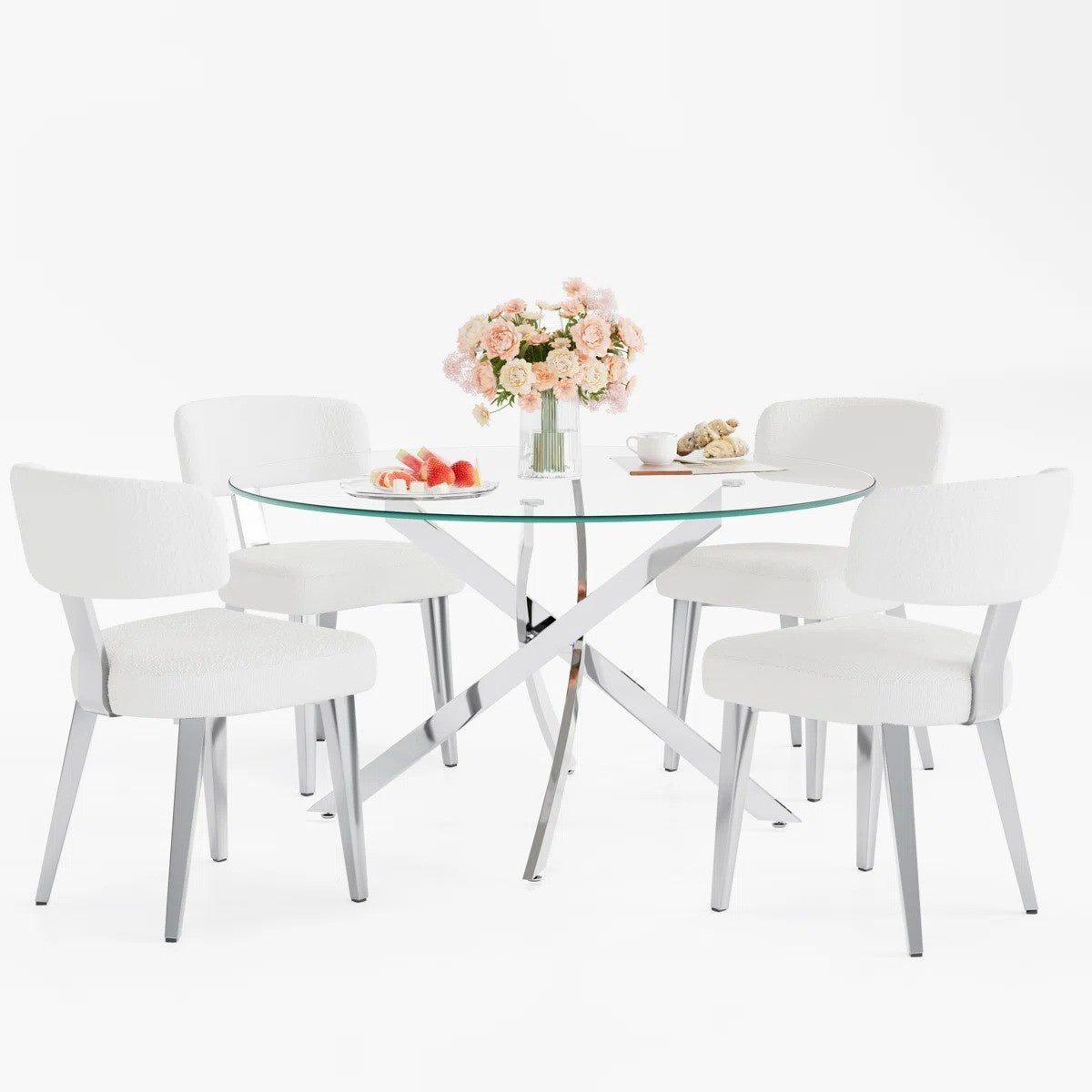 Round Glass Pedestal Dining Set (White)