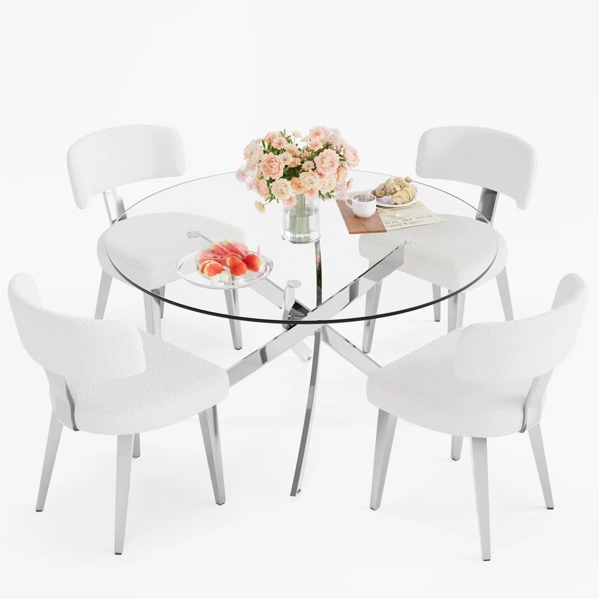 Round Glass Pedestal Dining Set (White)