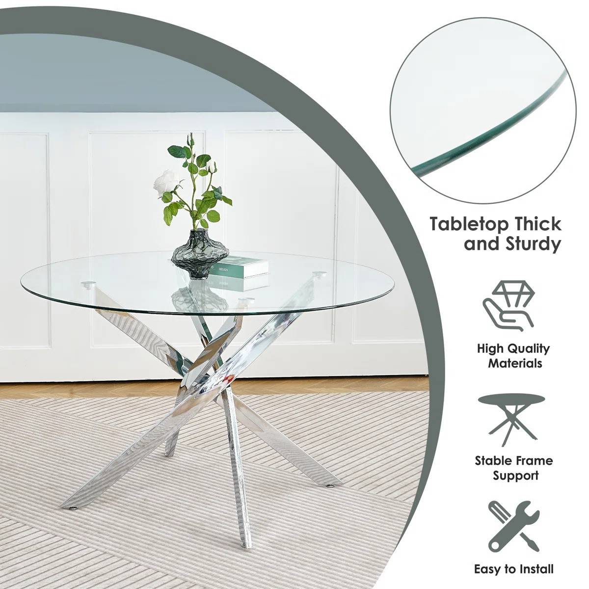 Round Glass Pedestal Dining Set (White)