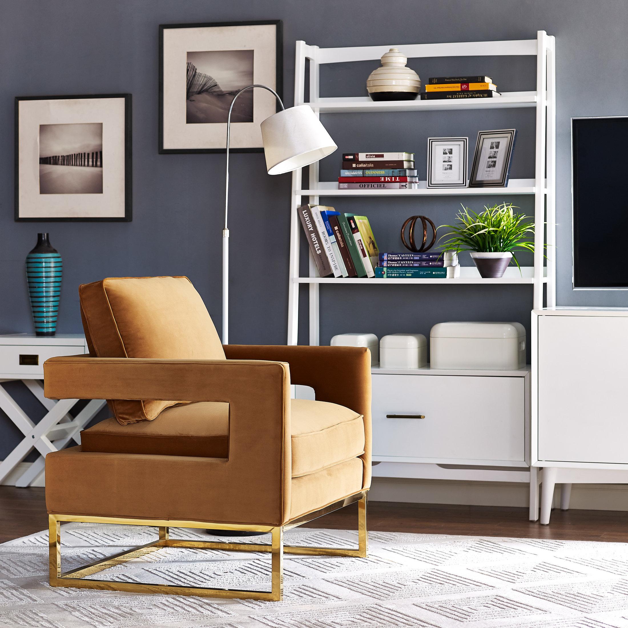 Avery Cognac Velvet Chair With Polished Gold Base - UK