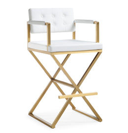 Director White Performance Vegan Leather and Gold Steel Barstool