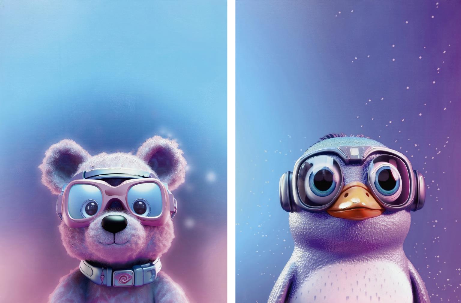 Cute Animals On Blue Tones (Set 2) Curated Canvas