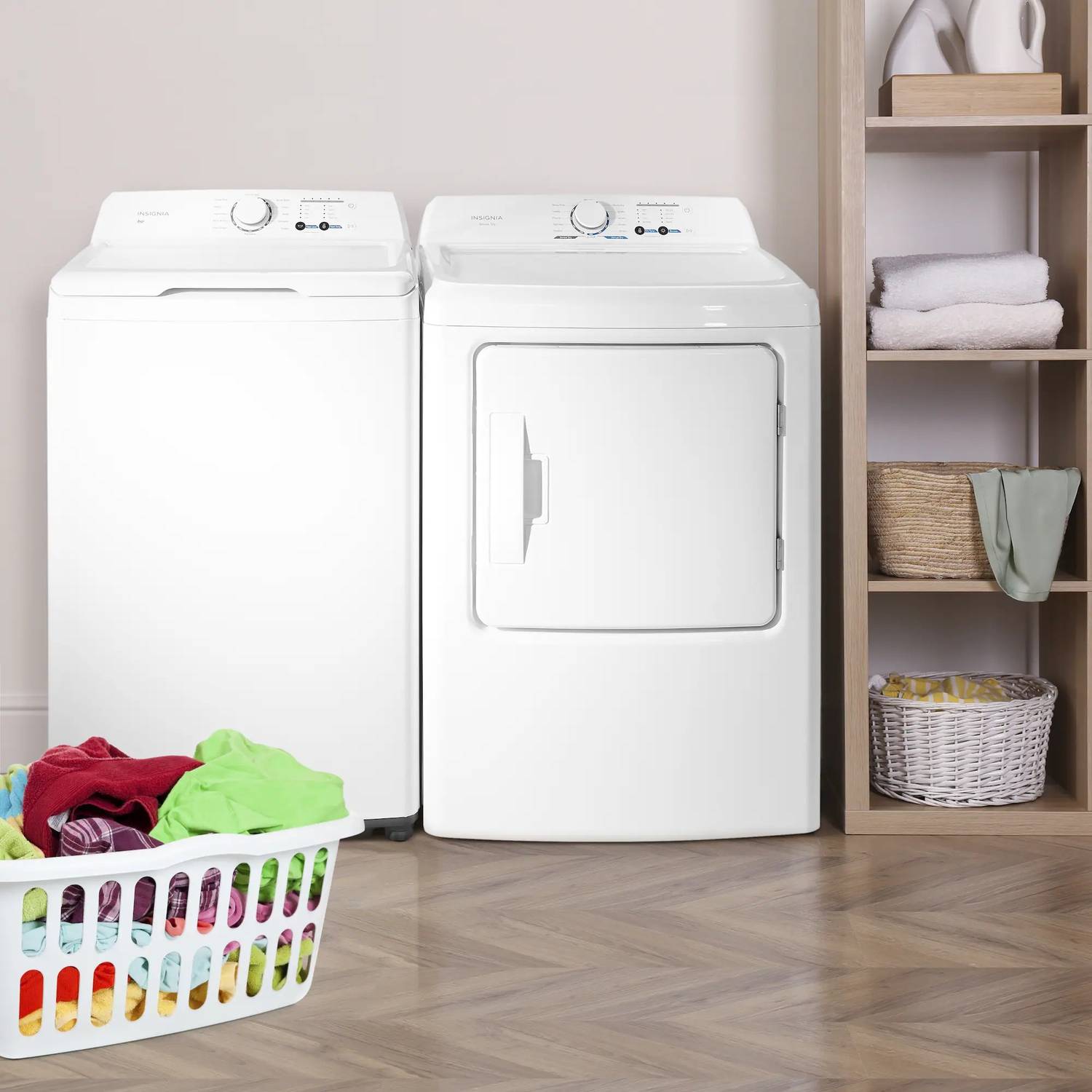 Package - Insignia™ - 3.7 Cu. Ft. High Efficiency 12-Cycle Top-Loading Washer and 6.7 Cu. Ft. Electric Dryer with Sensor Dry - White