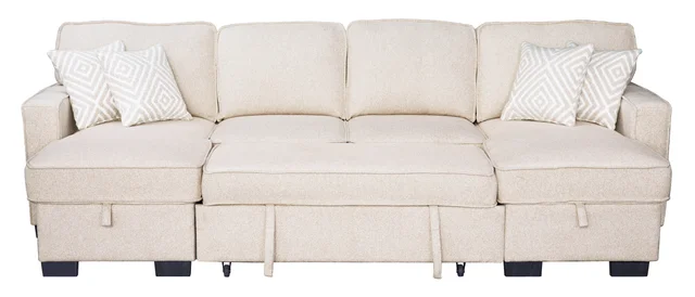 Sahara Beige - Double Storage Chaise Sectional w/ Drop Down Cupholders