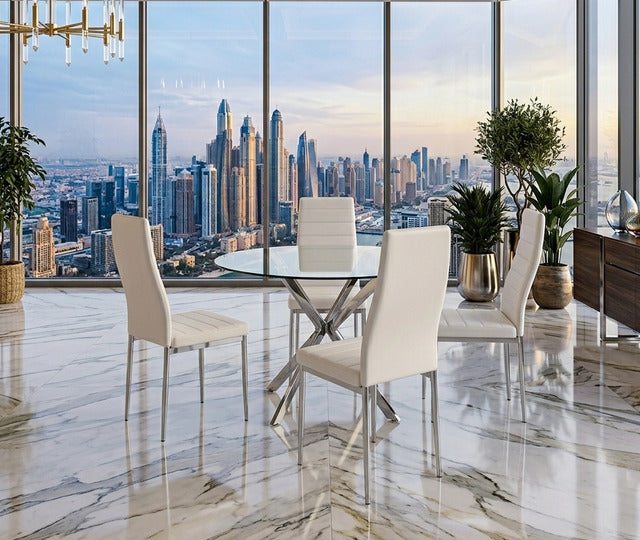 D108 - White - Glass Table + 4 Chairs **NEW ARRIVAL**